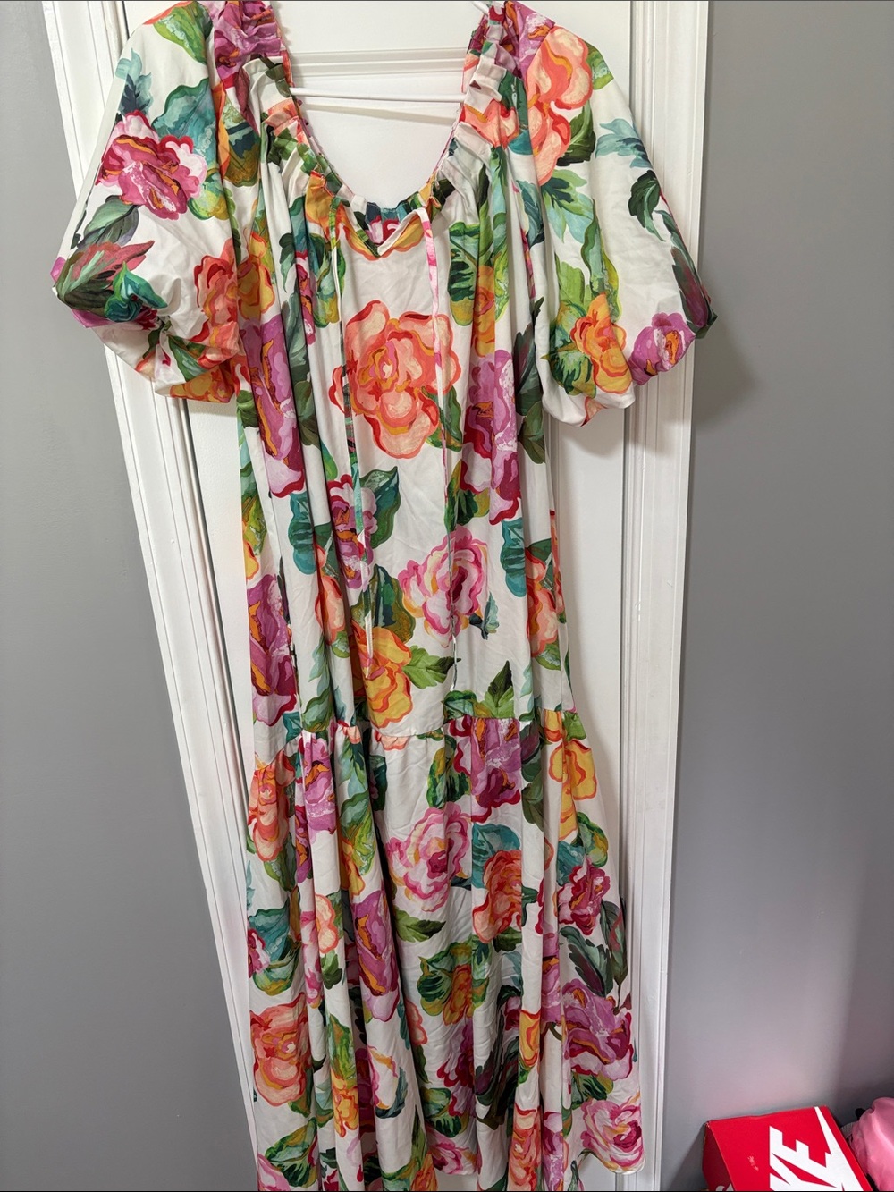 SHEIN White Floral Maxi Dress with Pink Yellow Green Accents